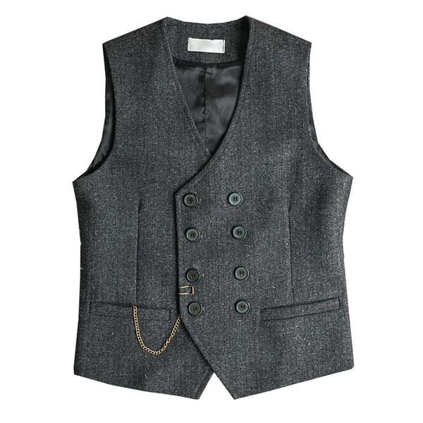 Tiavllya Tiavllya Men's Casual Double Breasted Tweed Herringbone V Neck Waistcoat