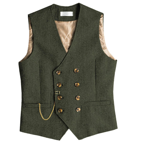 Tiavllya Tiavllya Men's Casual Double Breasted Tweed Herringbone V Neck Waistcoat