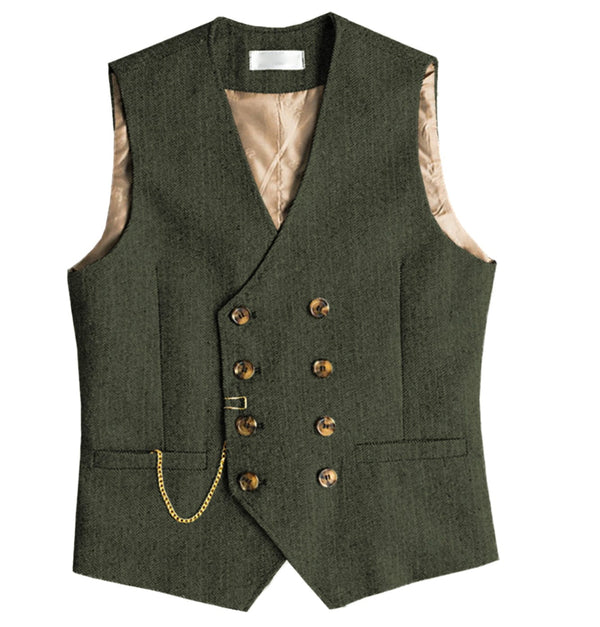 Tiavllya Tiavllya Men's Casual Double Breasted Tweed Herringbone V Neck Waistcoat