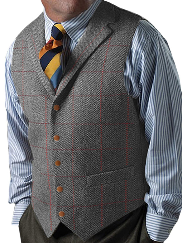 Tiavllya Tiavllya Men's Casual Slim Fit Plaid Tweed Herringbone Notch Lapel Waistcoat