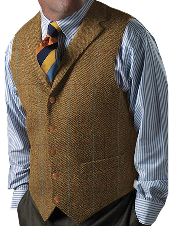 Tiavllya Tiavllya Men's Casual Slim Fit Plaid Tweed Herringbone Notch Lapel Waistcoat