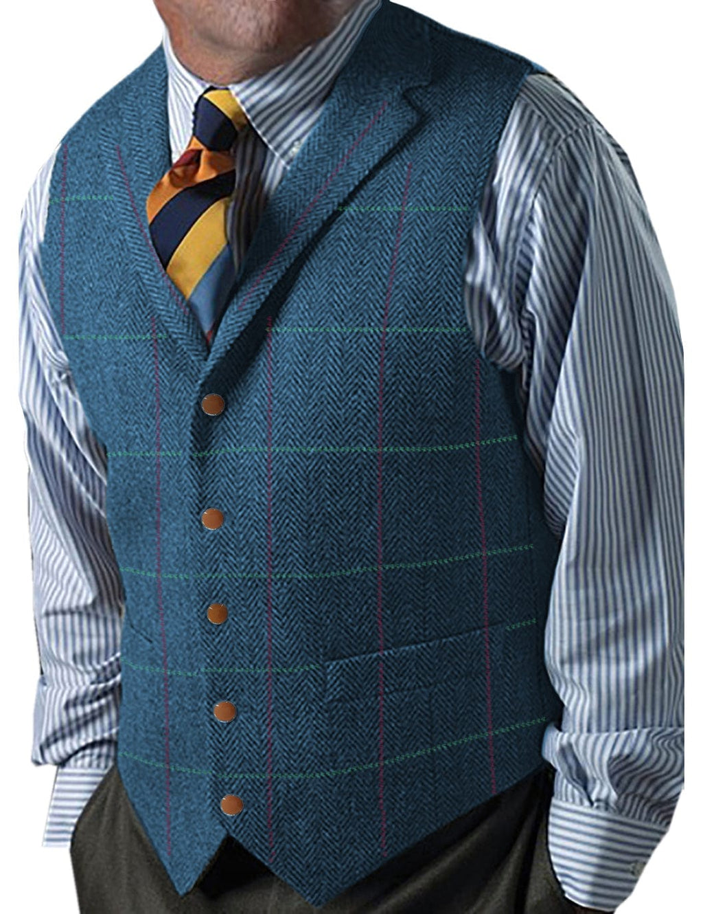 Tiavllya Tiavllya Men's Casual Slim Fit Plaid Tweed Herringbone Notch Lapel Waistcoat