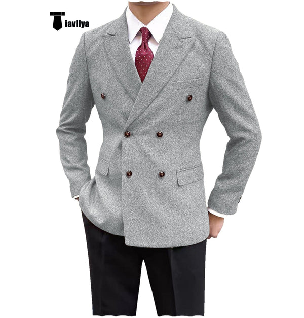 Tiavllya Tiavllya Men's Casual Tweed Double Breasted Notch Lapel Blazer