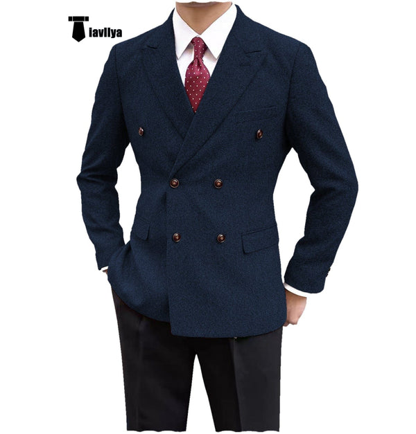 Tiavllya Tiavllya Men's Casual Tweed Double Breasted Notch Lapel Blazer