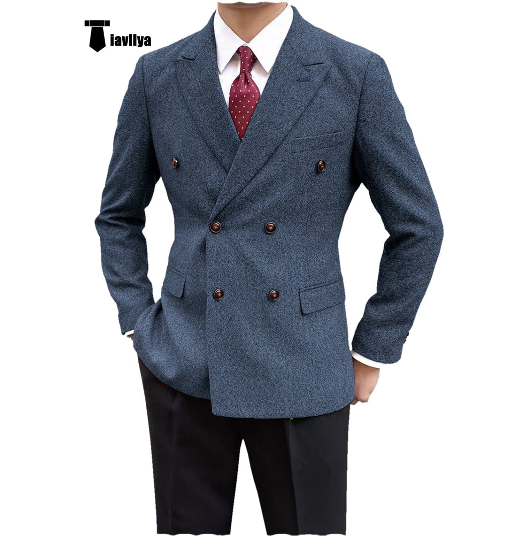 Tiavllya Tiavllya Men's Casual Tweed Double Breasted Notch Lapel Blazer