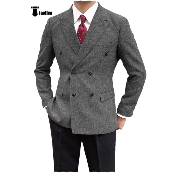 Tiavllya Tiavllya Men's Casual Tweed Double Breasted Notch Lapel Blazer