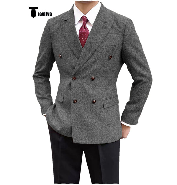 Tiavllya Tiavllya Men's Casual Tweed Double Breasted Notch Lapel Blazer