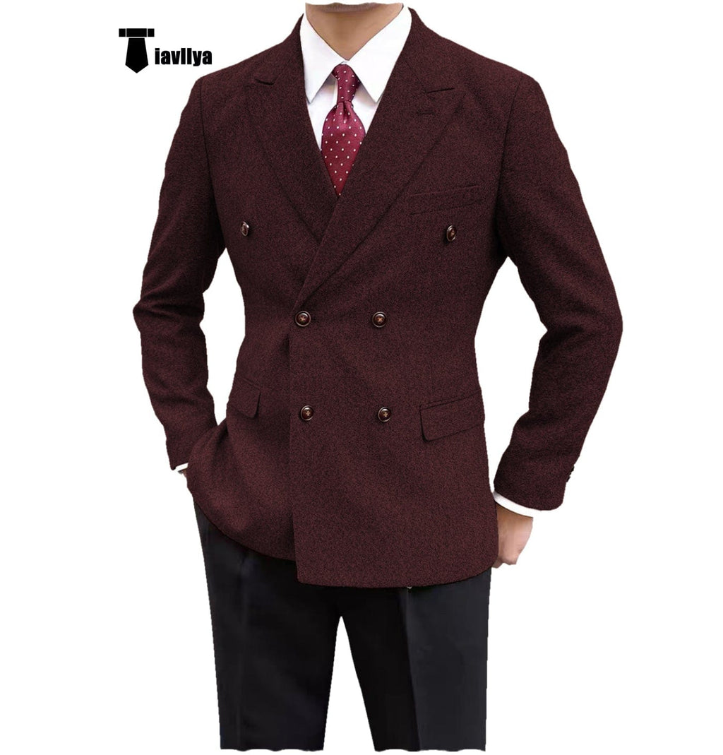 Tiavllya Tiavllya Men's Casual Tweed Double Breasted Peak Lapel Blazer