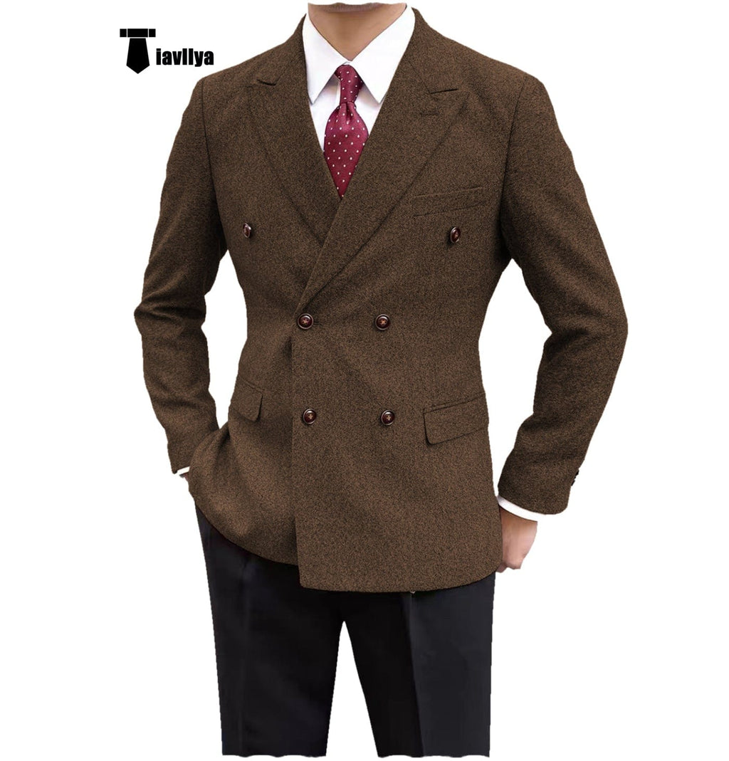 Tiavllya Tiavllya Men's Casual Tweed Double Breasted Peak Lapel Blazer