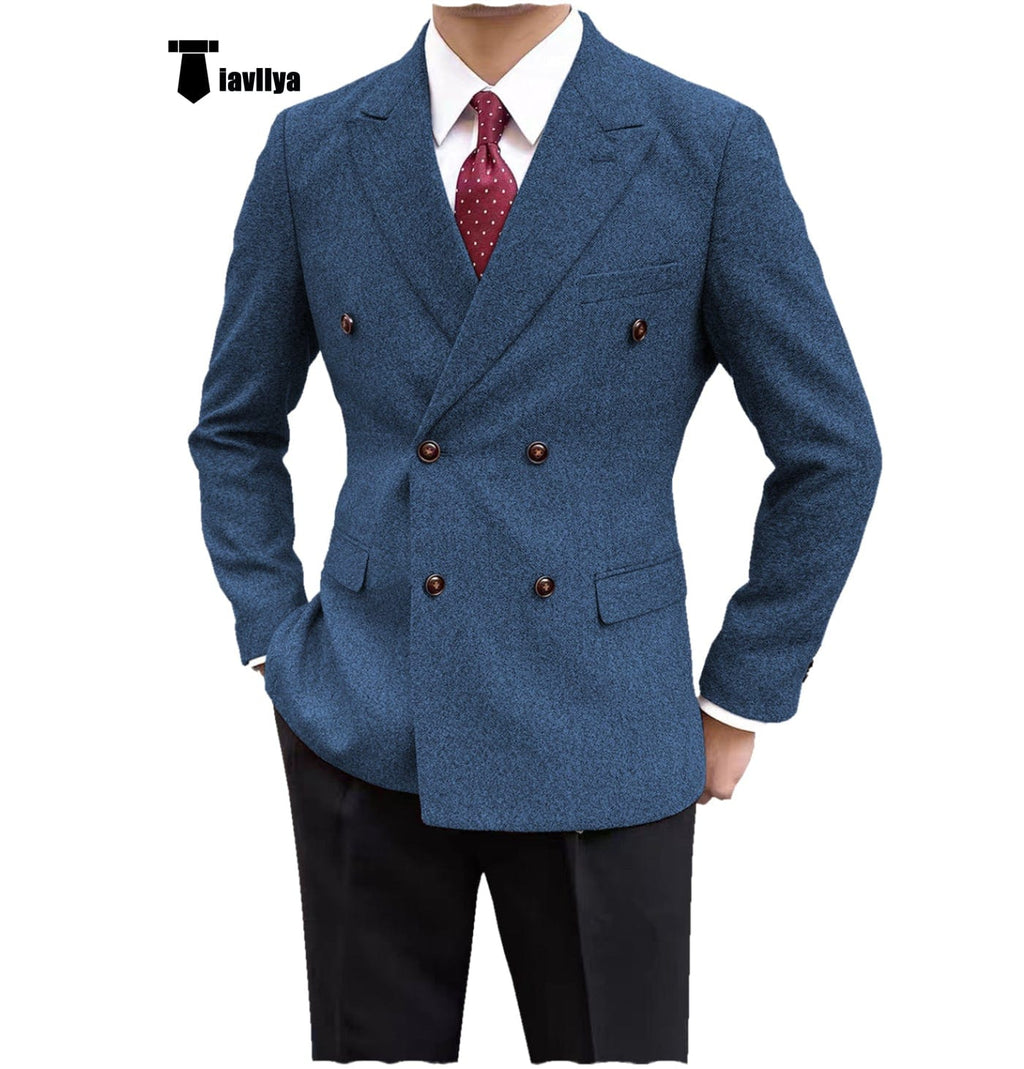 Tiavllya Men's Casual Tweed Double Breasted Peak Lapel Blazer