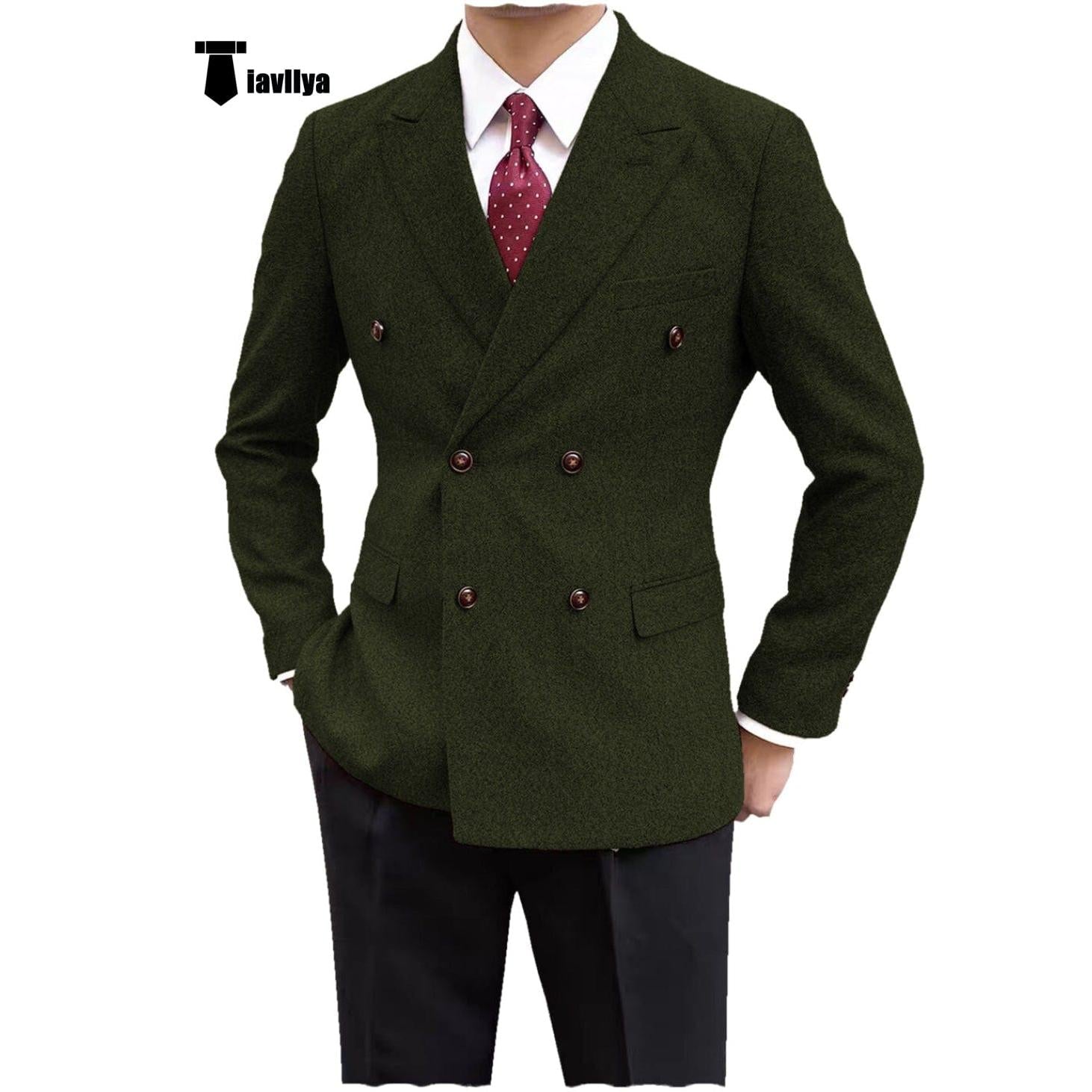 Tiavllya Men's Casual Tweed Double Breasted Peak Lapel Blazer
