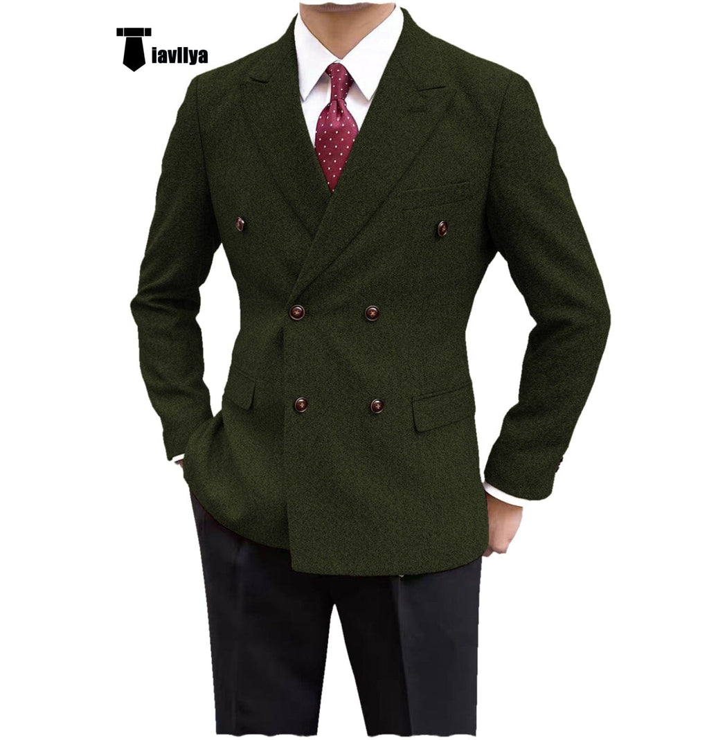 Tiavllya Tiavllya Men's Casual Tweed Double Breasted Peak Lapel Blazer