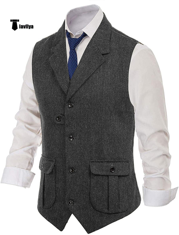 Tiavllya Tiavllya Men's Classic Tweed Herringbone Notch Lapel Waistcoat