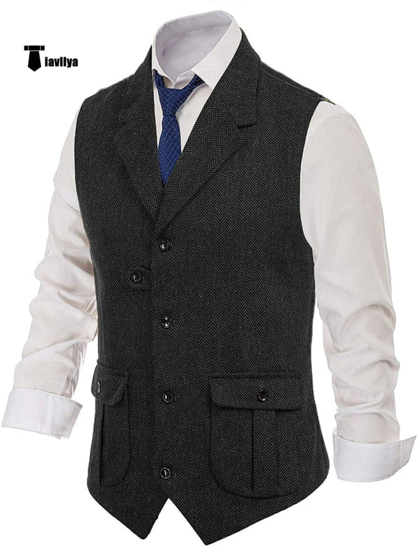 Tiavllya Tiavllya Men's Classic Tweed Herringbone Notch Lapel Waistcoat