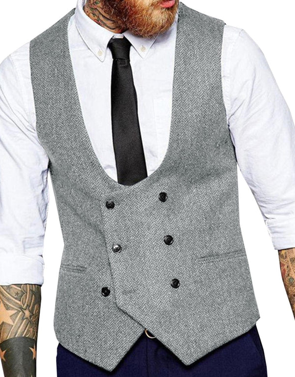 Tiavllya Tiavllya Men's Double Breasted Tweed Herringbone U Neck Waistcoat