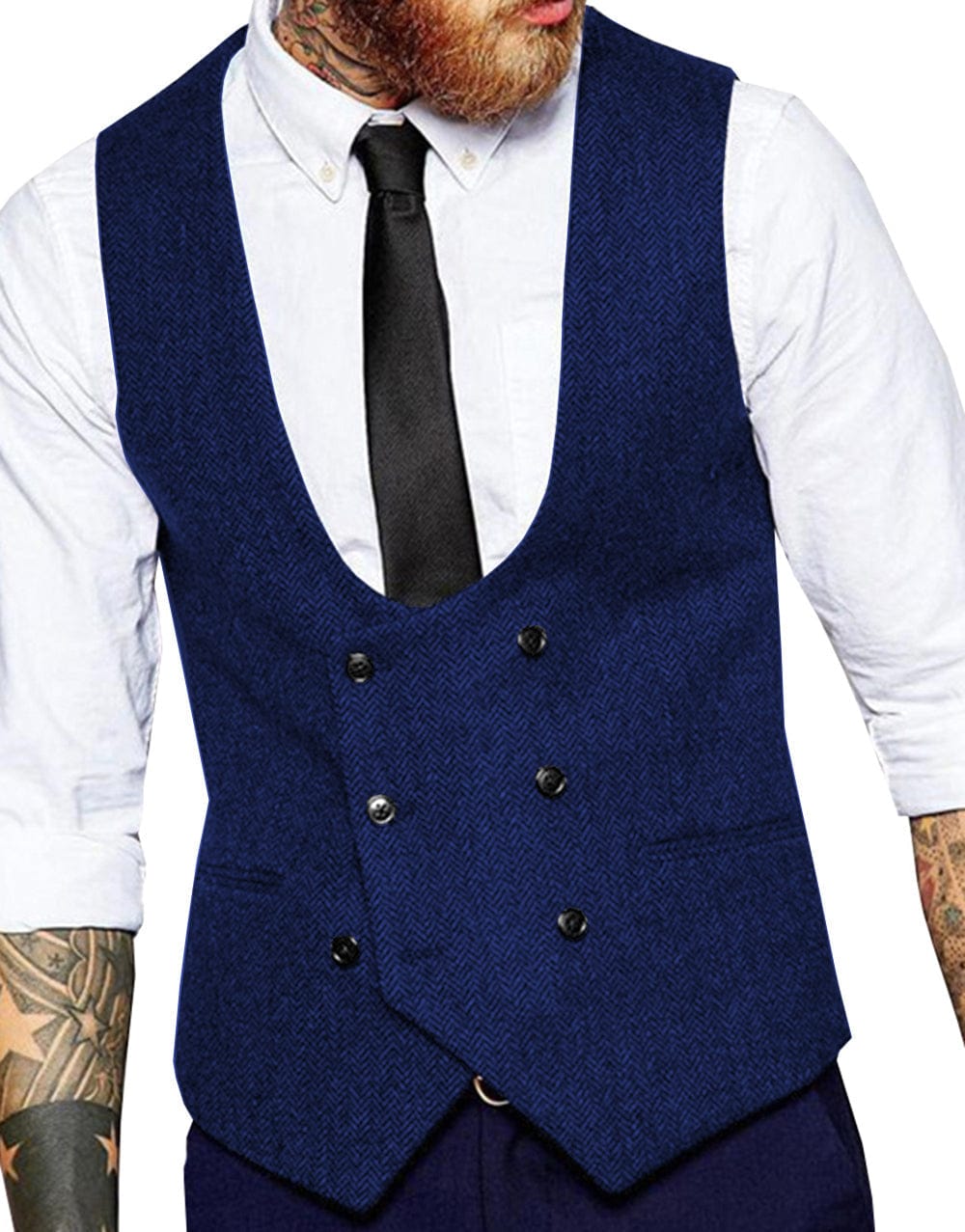 Tiavllya Tiavllya Men's Double Breasted Tweed Herringbone U Neck Waistcoat