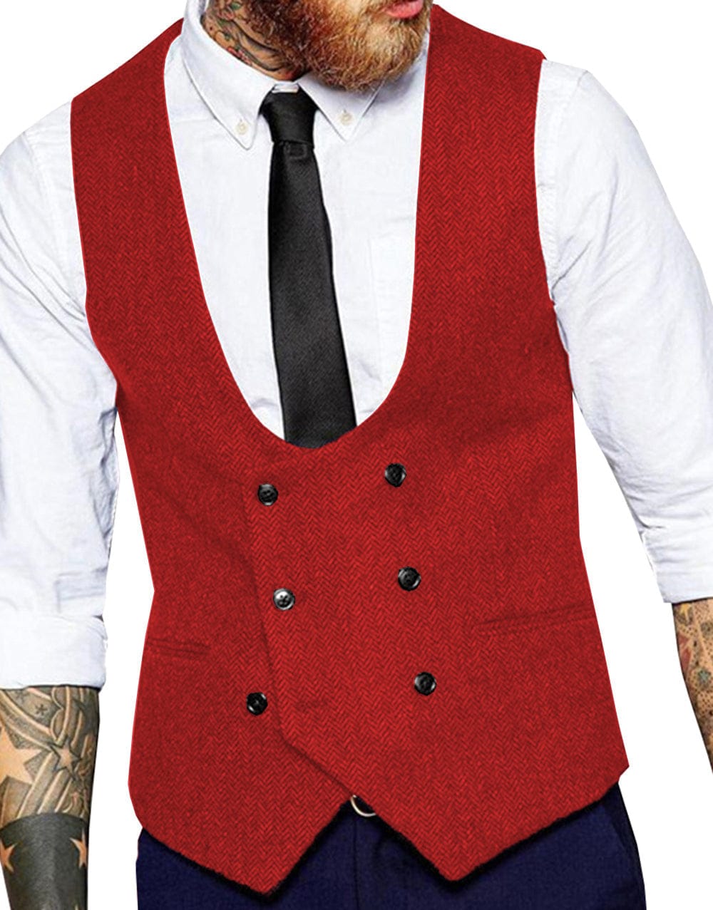 Tiavllya Tiavllya Men's Double Breasted Tweed Herringbone U Neck Waistcoat