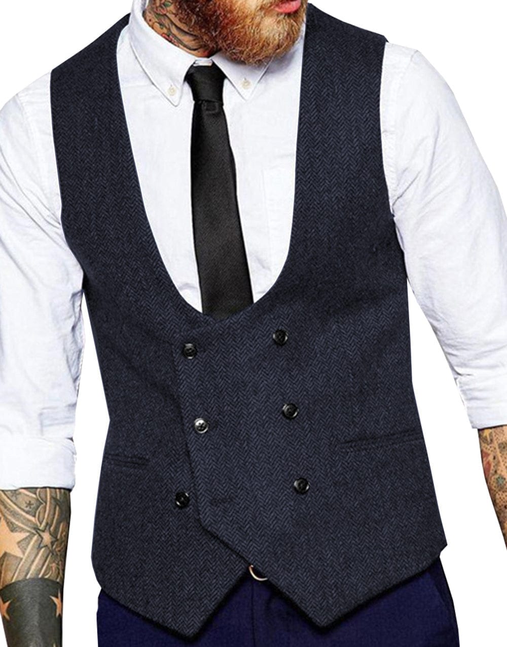 Tiavllya Tiavllya Men's Double Breasted Tweed Herringbone U Neck Waistcoat