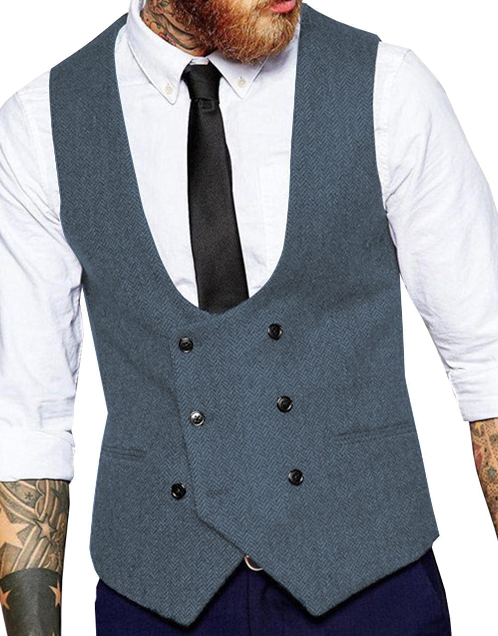 Tiavllya Tiavllya Men's Double Breasted Tweed Herringbone U Neck Waistcoat