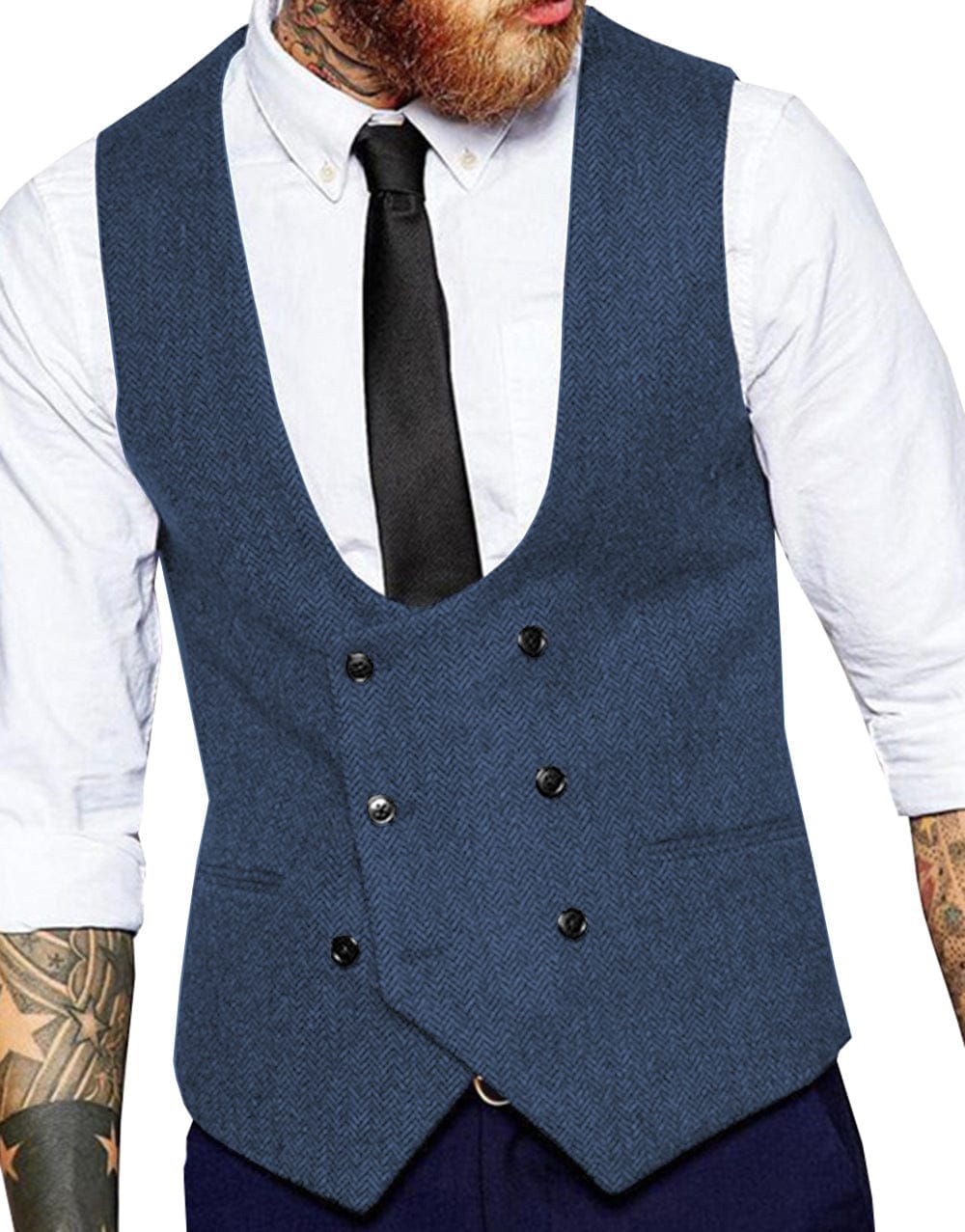 Tiavllya Tiavllya Men's Double Breasted Tweed Herringbone U Neck Waistcoat