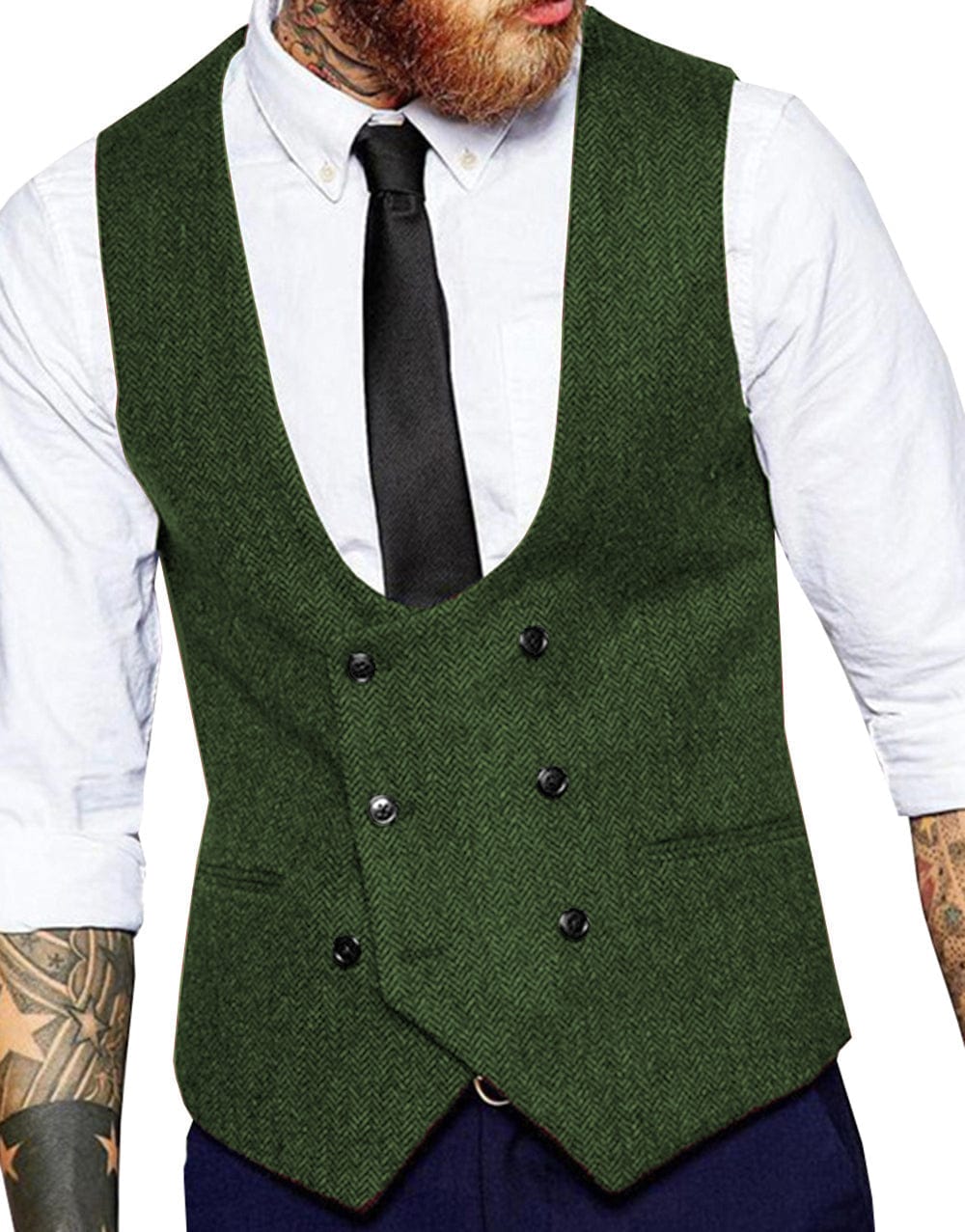 Tiavllya Tiavllya Men's Double Breasted Tweed Herringbone U Neck Waistcoat
