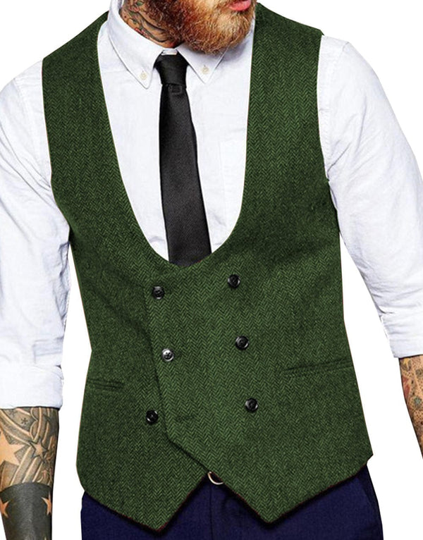 Tiavllya Tiavllya Men's Double Breasted Tweed Herringbone U Neck Waistcoat