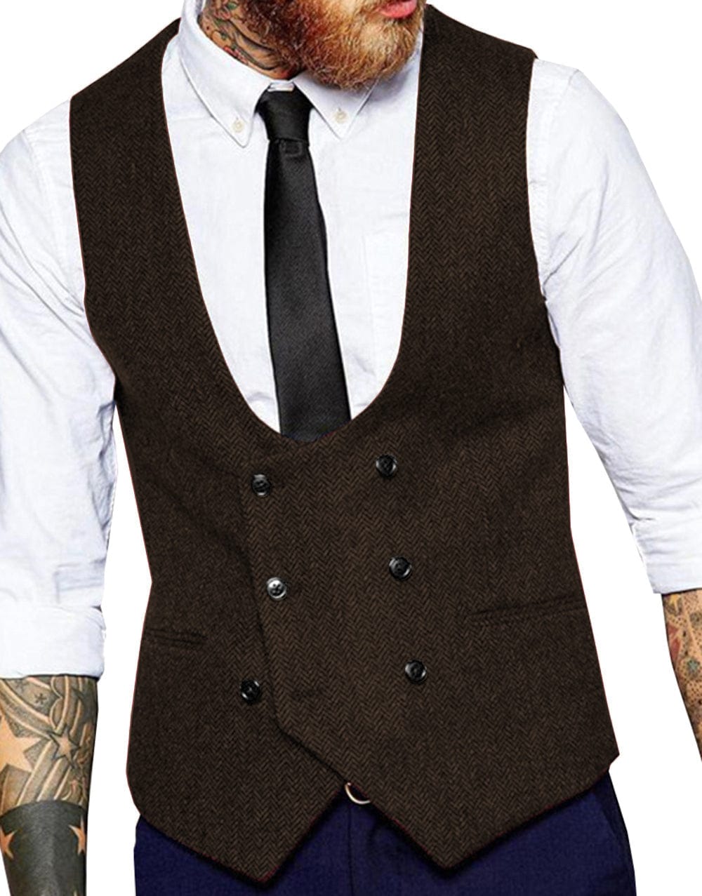 Tiavllya Tiavllya Men's Double Breasted Tweed Herringbone U Neck Waistcoat