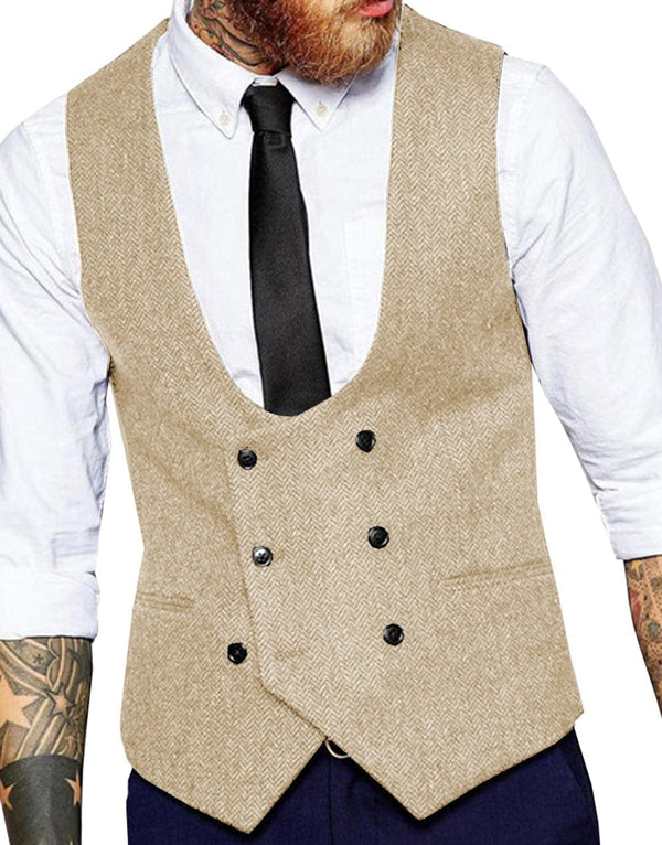 Tiavllya Tiavllya Men's Double Breasted Tweed Herringbone U Neck Waistcoat