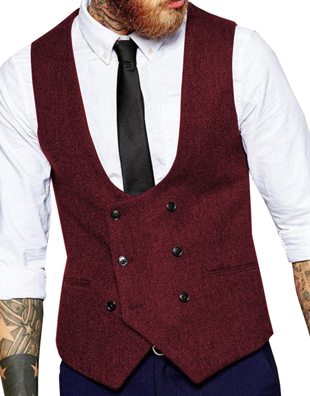 Tiavllya Tiavllya Men's Double Breasted Tweed Herringbone U Neck Waistcoat