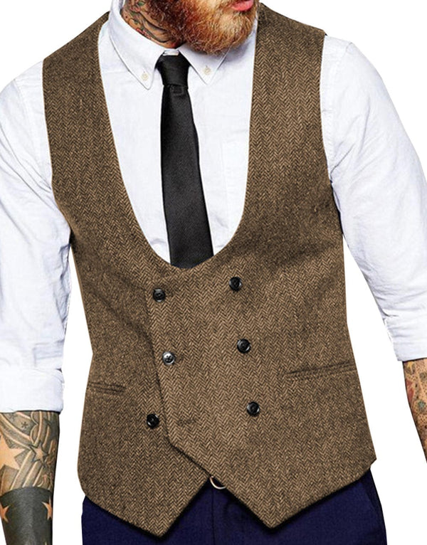 Tiavllya Tiavllya Men's Double Breasted Tweed Herringbone U Neck Waistcoat