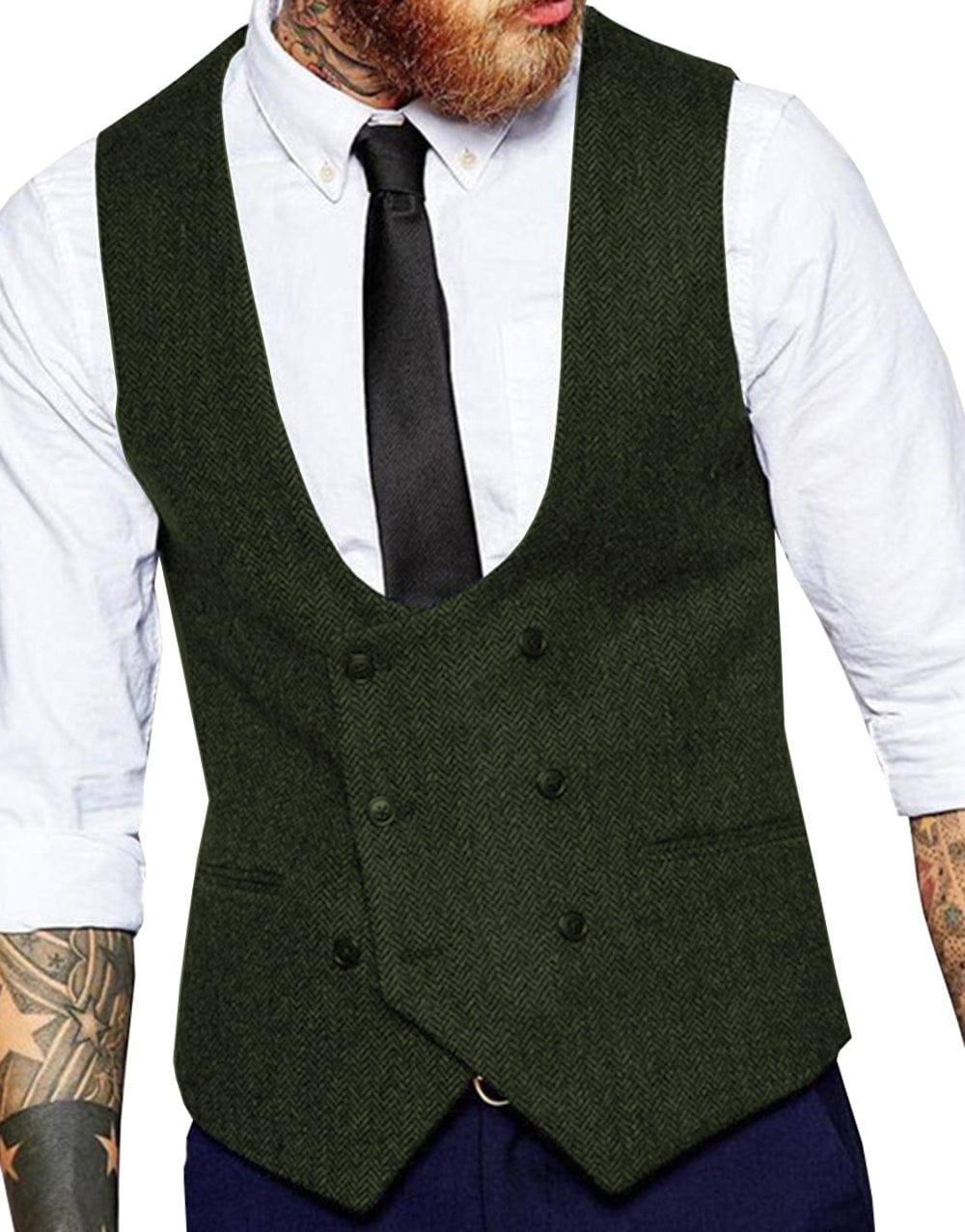 Tiavllya Tiavllya Men's Double Breasted Tweed Herringbone U Neck Waistcoat
