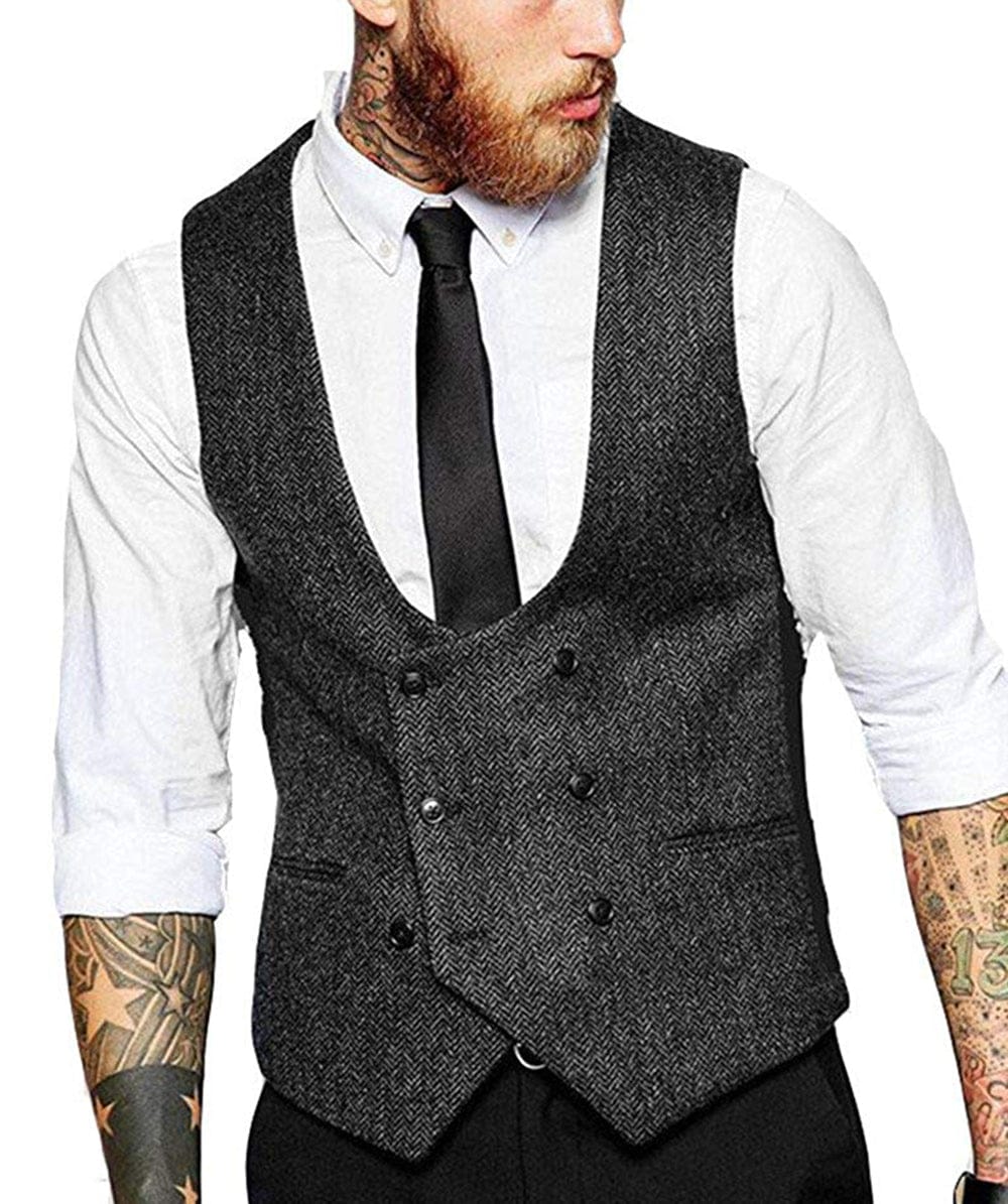Tiavllya Tiavllya Men's Double Breasted Tweed Herringbone U Neck Waistcoat