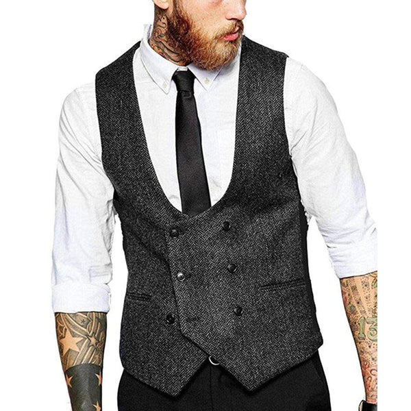Tiavllya Tiavllya Men's Double Breasted Tweed Herringbone U Neck Waistcoat