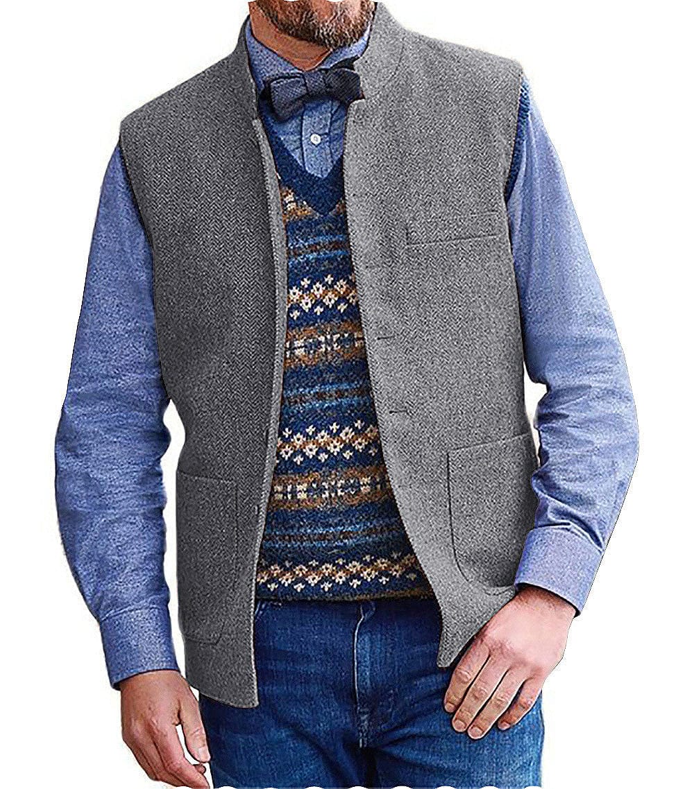 Tiavllya Tiavllya Men's Slim Fit herringbone Stand Collar Waistcoat