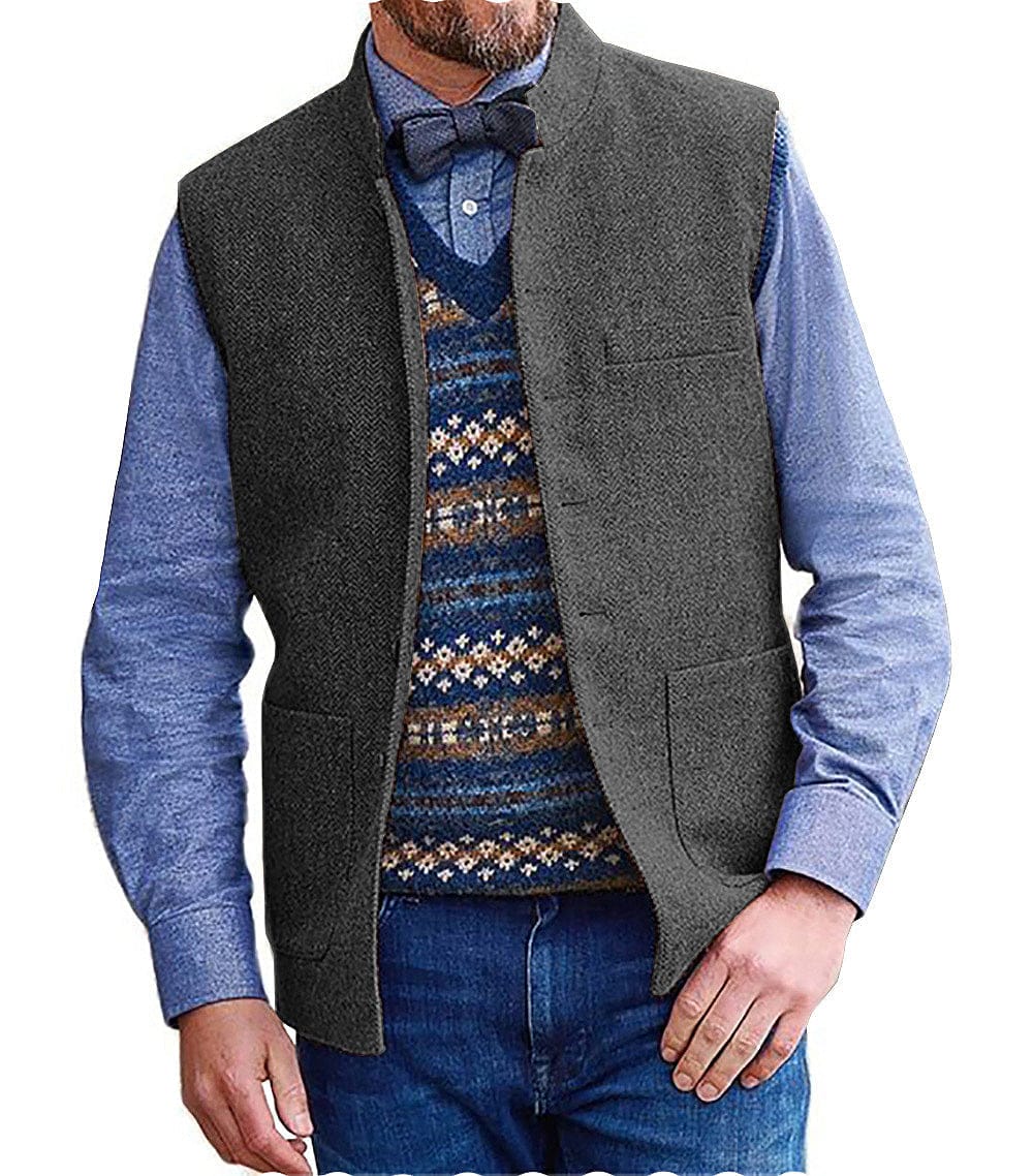 Tiavllya Tiavllya Men's Slim Fit herringbone Stand Collar Waistcoat
