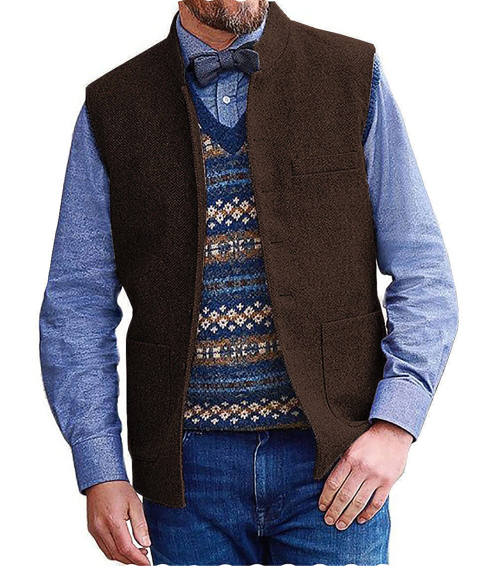 Tiavllya Tiavllya Men's Slim Fit herringbone Stand Collar Waistcoat