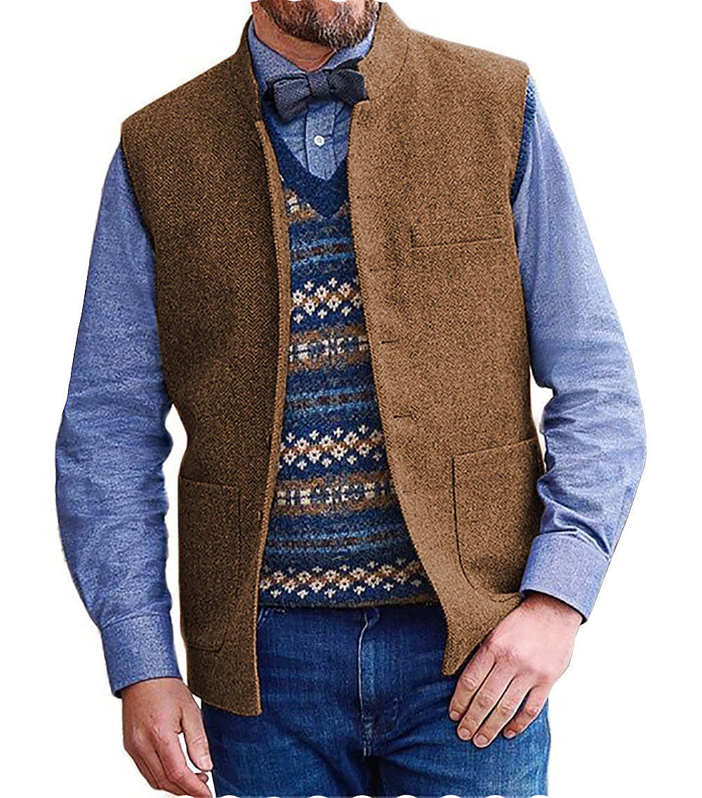 Tiavllya Tiavllya Men's Slim Fit herringbone Stand Collar Waistcoat