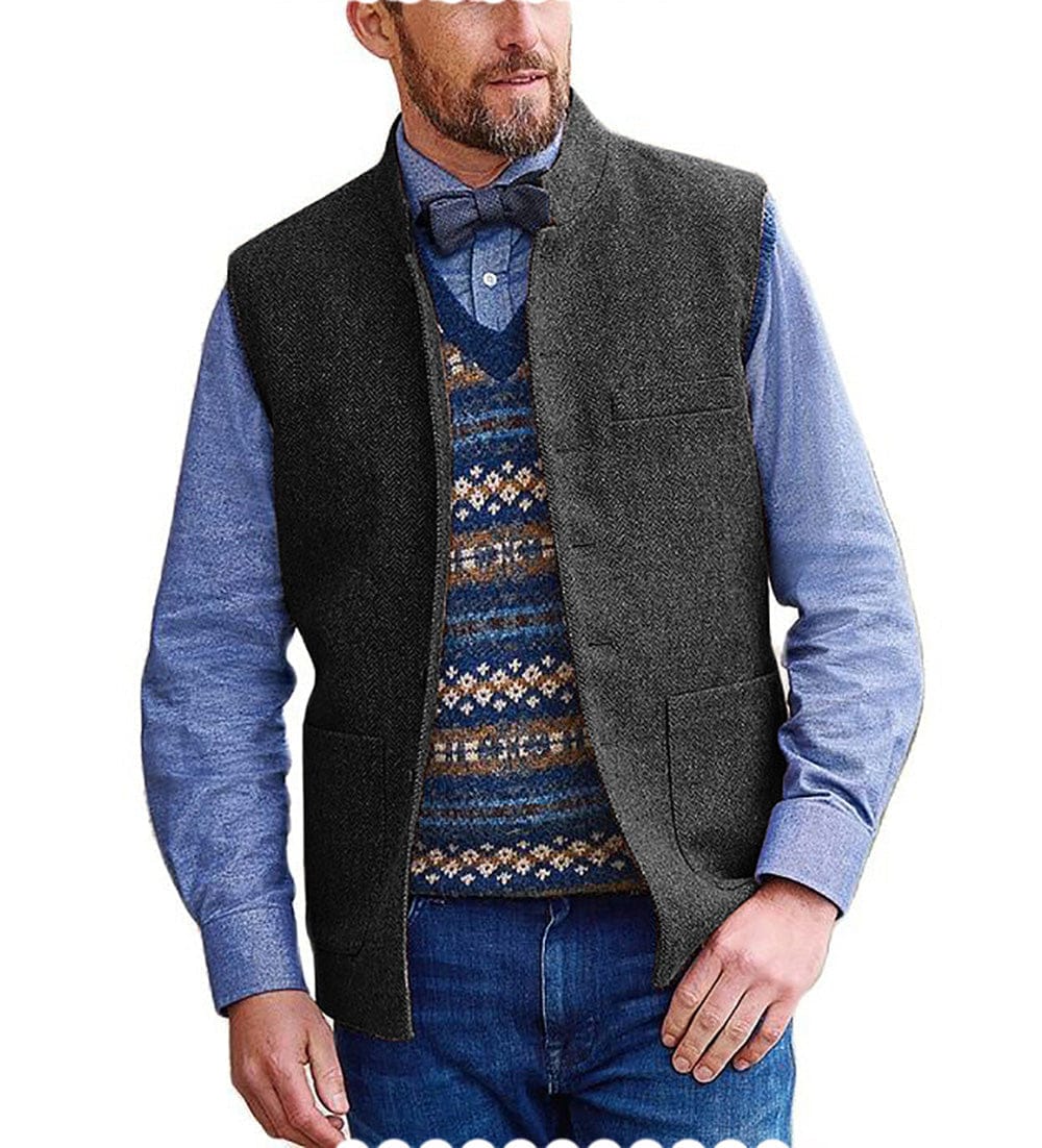 Tiavllya Tiavllya Men's Slim Fit herringbone Stand Collar Waistcoat