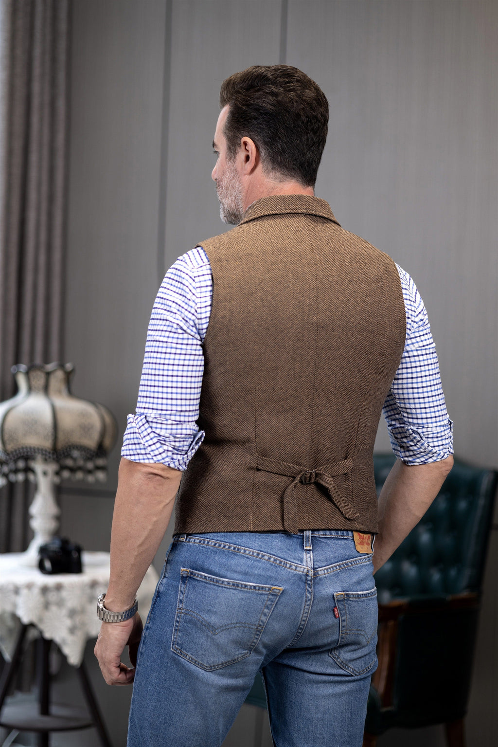 Tiavllya Tiavllya Men's Slim Fit Tweed Herringbone Notch Lapel Waistcoat