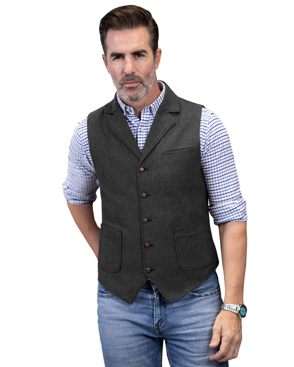 Tiavllya Tiavllya Men's Slim Fit Tweed Herringbone Notch Lapel Waistcoat