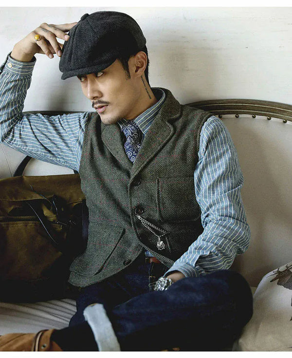 Tiavllya Tiavllya Men's Slim Fit Tweed Herringbone Notch Lapel Waistcoat