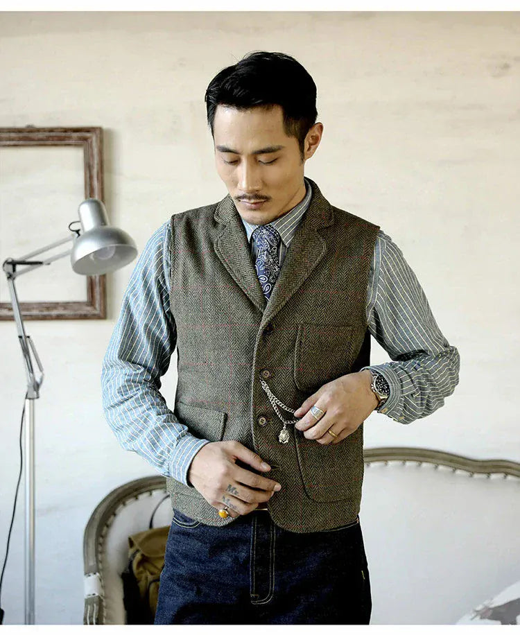Tiavllya Tiavllya Men's Slim Fit Tweed Herringbone Notch Lapel Waistcoat