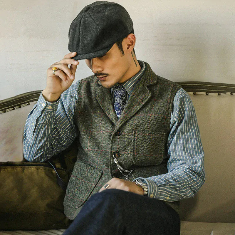 Tiavllya Tiavllya Men's Slim Fit Tweed Herringbone Notch Lapel Waistcoat