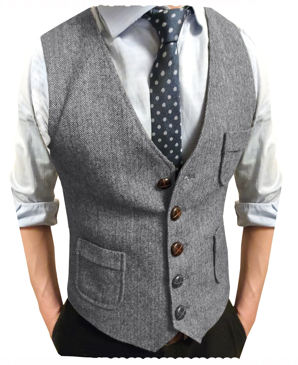 Tiavllya Tiavllya Men's Slim Fit Tweed Herringbone V Neck Waistcoat