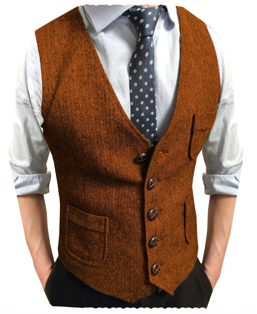 Tiavllya Tiavllya Men's Slim Fit Tweed Herringbone V Neck Waistcoat