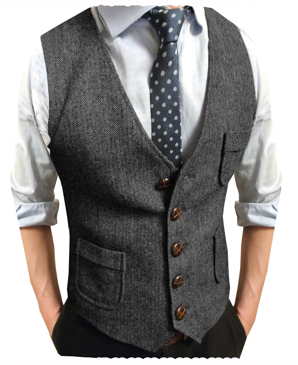 Tiavllya Tiavllya Men's Slim Fit Tweed Herringbone V Neck Waistcoat