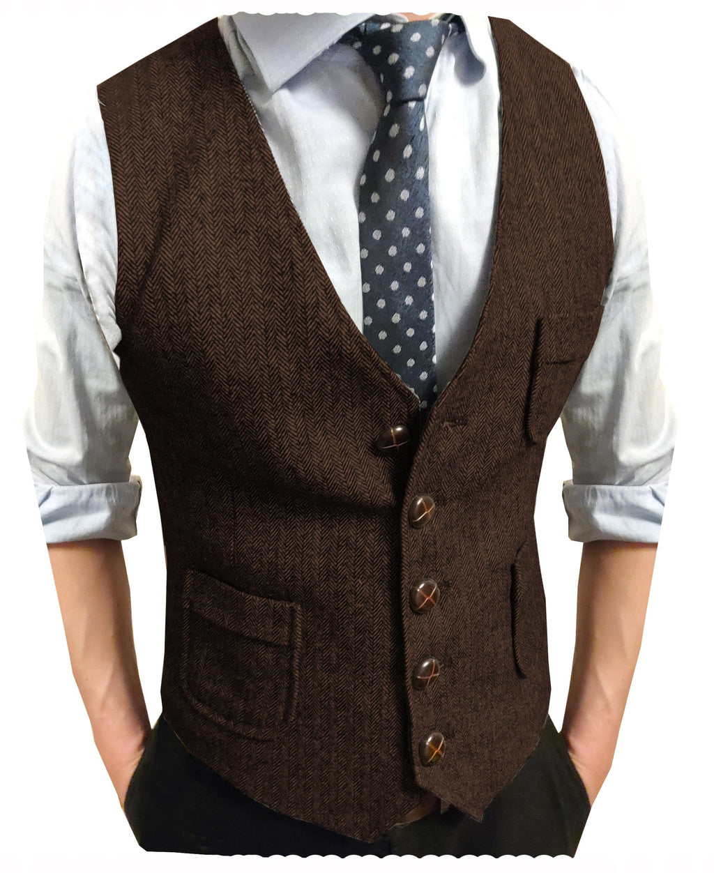 Tiavllya Tiavllya Men's Slim Fit Tweed Herringbone V Neck Waistcoat