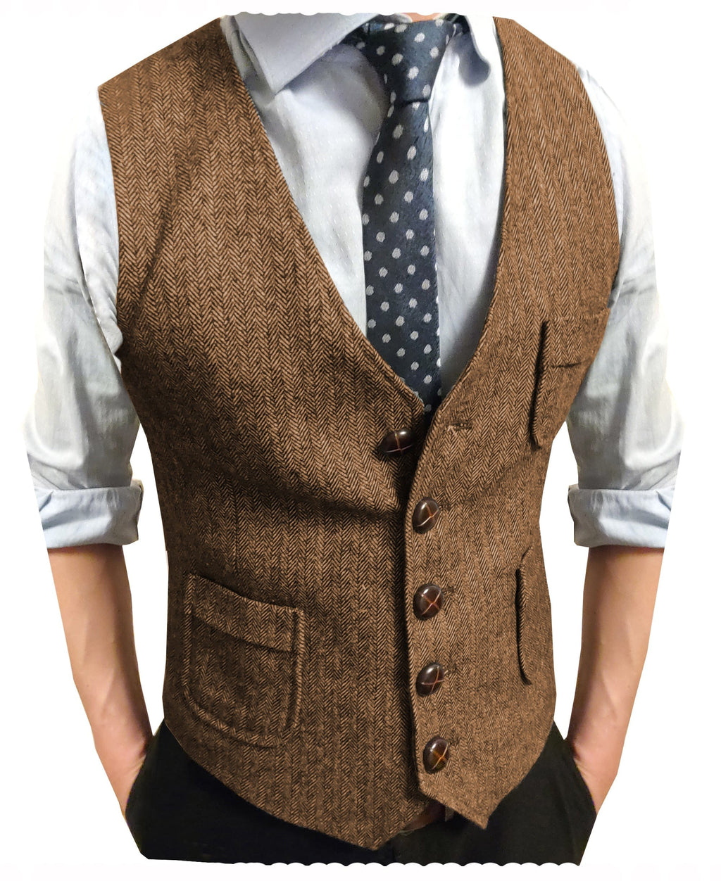 Tiavllya Tiavllya Men's Slim Fit Tweed Herringbone V Neck Waistcoat
