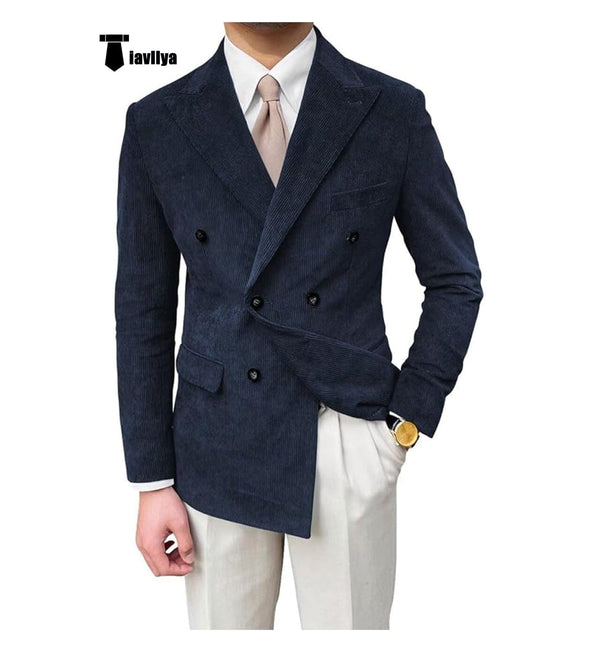 Tiavllya Tiavllya Men's Vintage Corduroy Peak Lapel Double Breasted Jacket Sport Coat