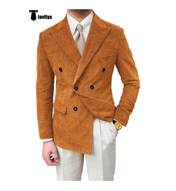 Tiavllya Tiavllya Men's Vintage Corduroy Peak Lapel Double Breasted Jacket Sport Coat